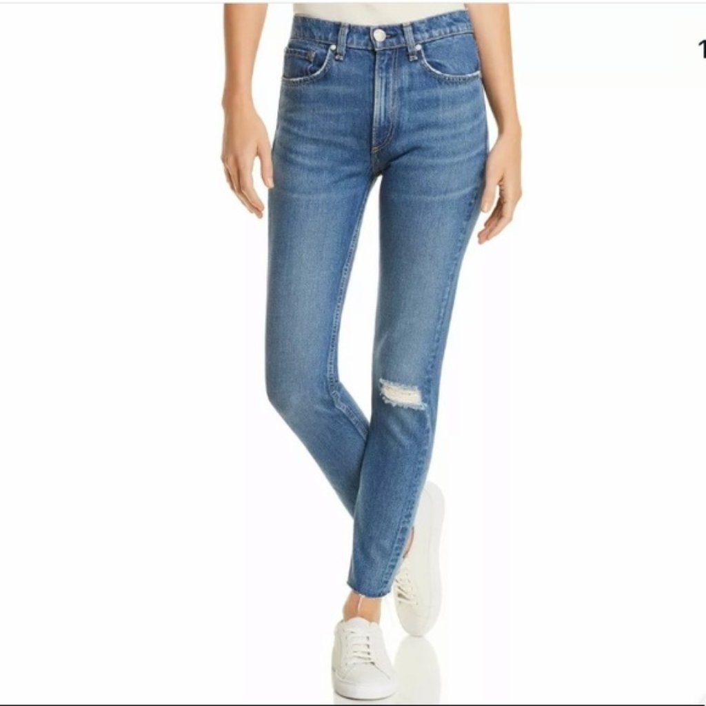 Nwt Rag & Bone Pamela Highrise Ankle Blue Denim Distressed Raw Hem Skinny 25